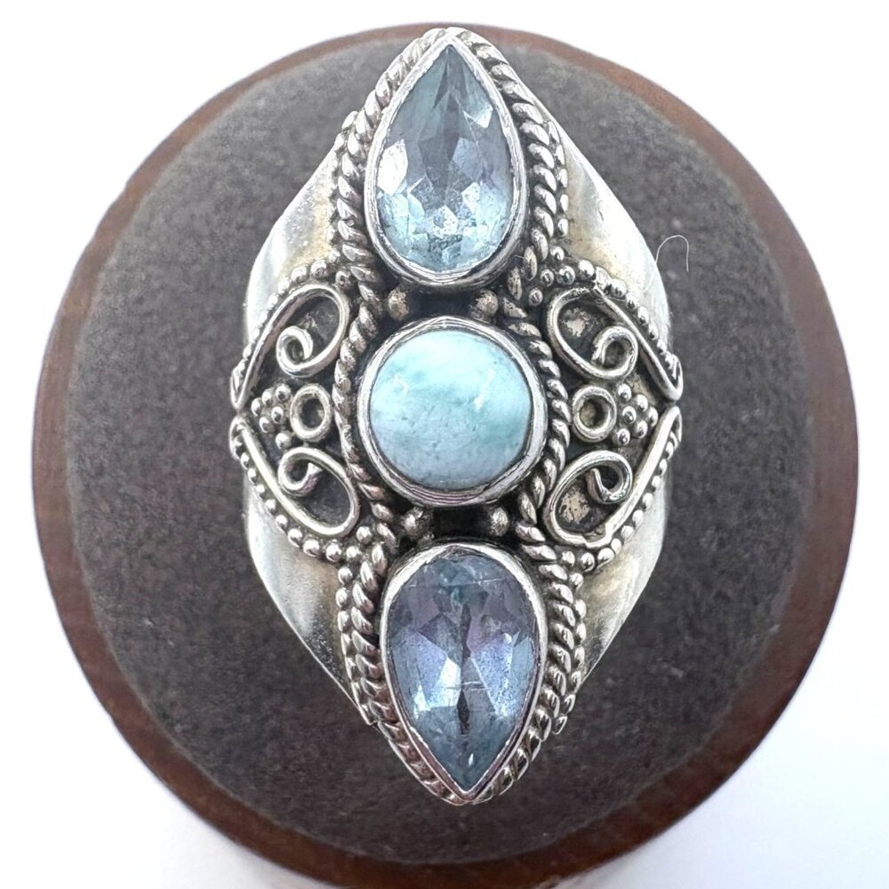 Larimar & Topaz Scroll Design Statement Ring VTG Sterling Silver 925 Size 7.75